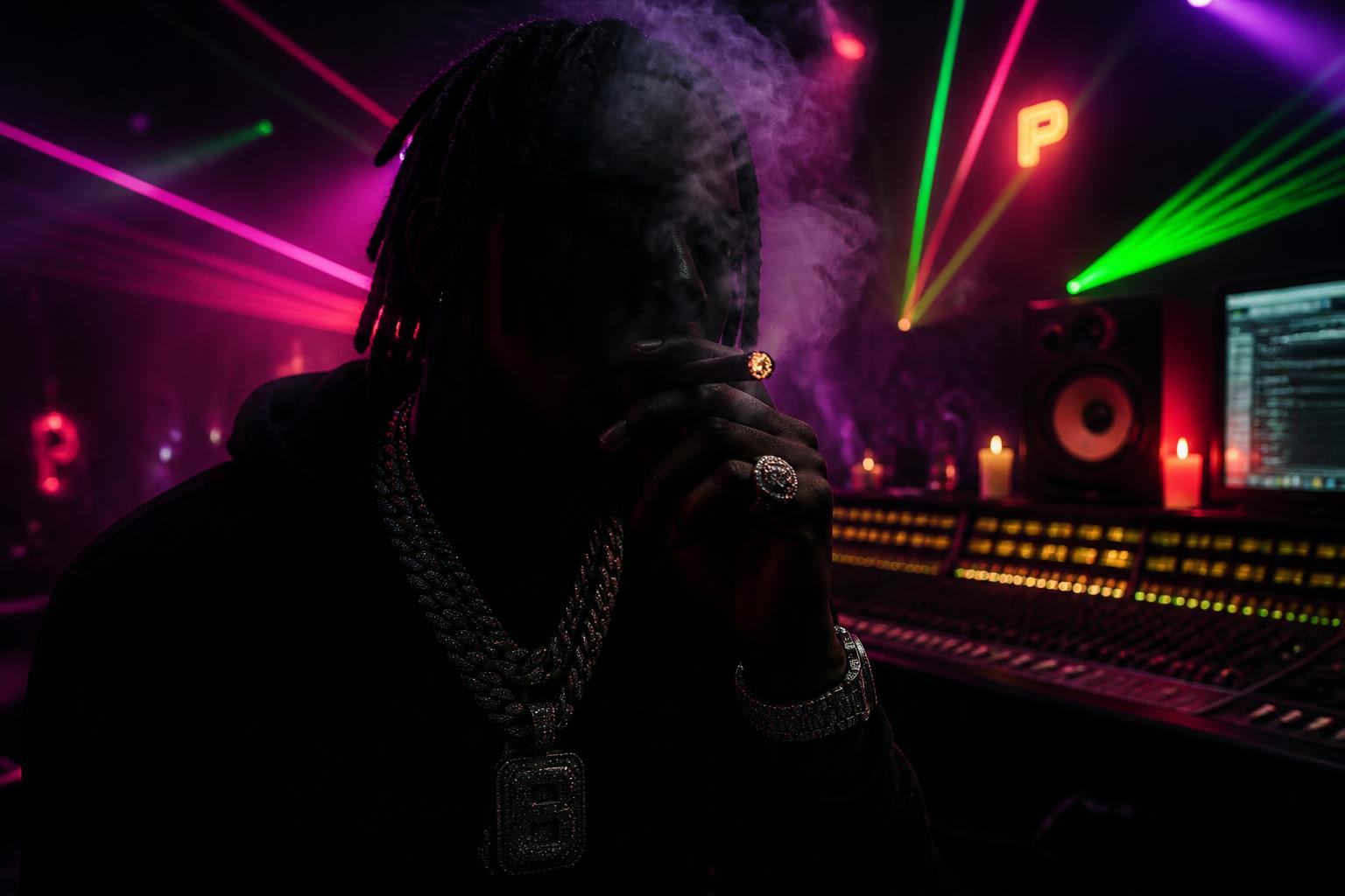 Rapper in the shadows with a hand rolled cigar, iced out chains and studio gear under club lasers